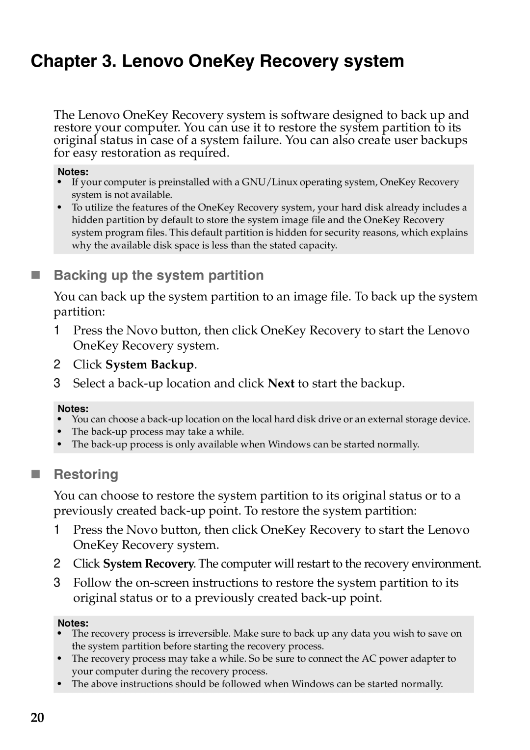 Lenovo 59387520 manual „ Backing up the system partition, „ Restoring 