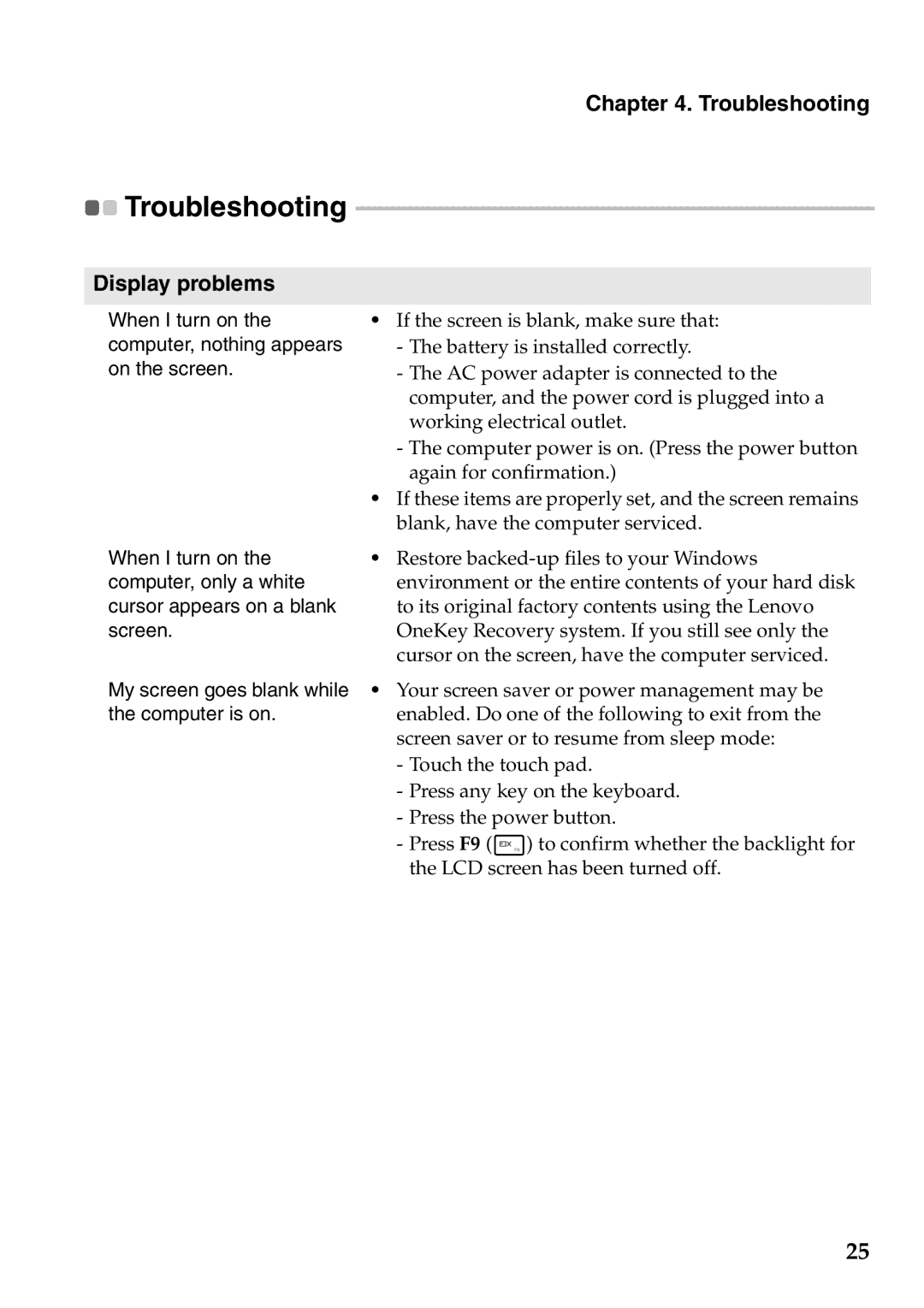 Lenovo 59387520 manual Troubleshooting, Display problems 