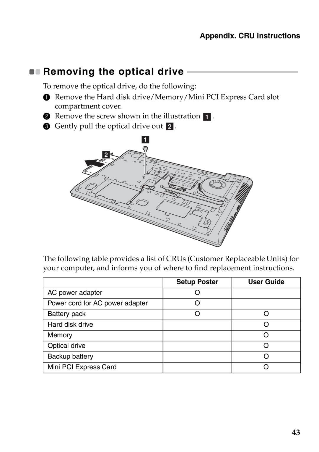 Lenovo 59387520 manual Removing the optical drive 