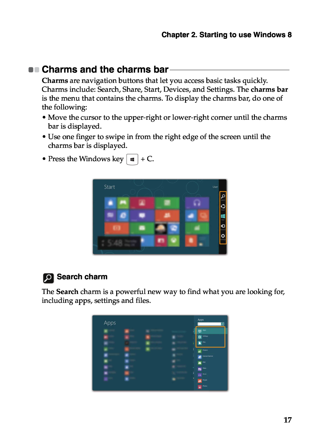 Lenovo 59395752, 59387570 manual Charms and the charms bar, Search charm, Starting to use Windows 