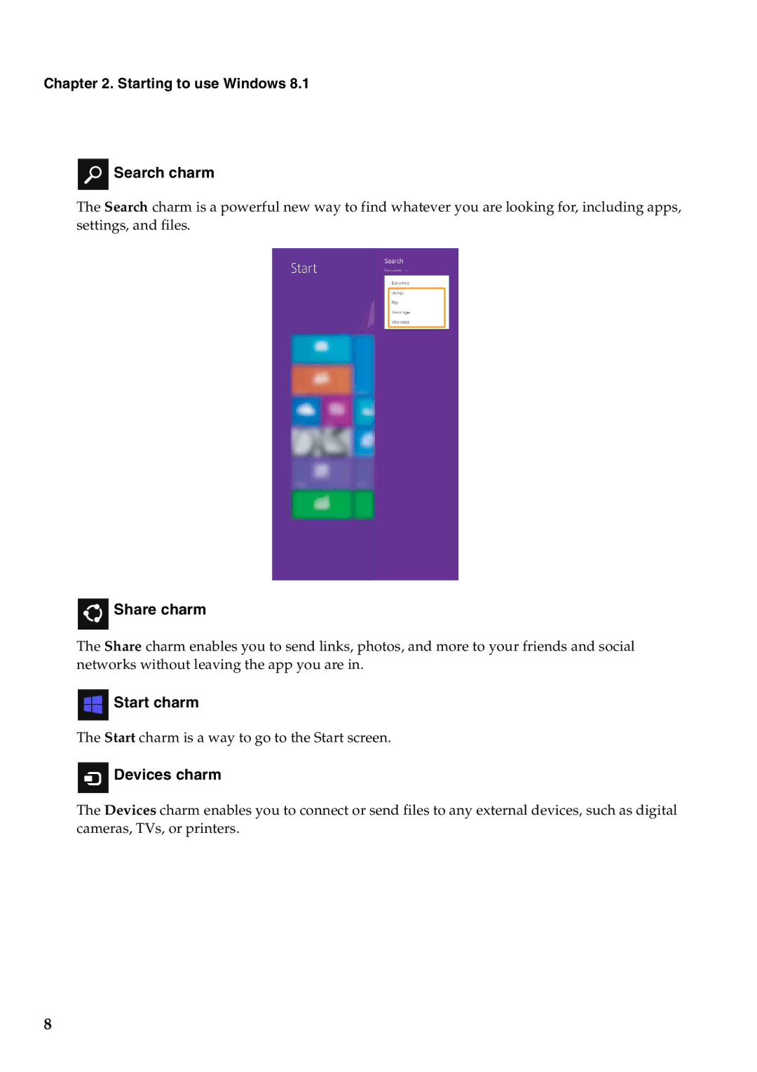 Lenovo 59393605 manual Starting to use Windows Search charm, Share charm, Start charm, Devices charm 