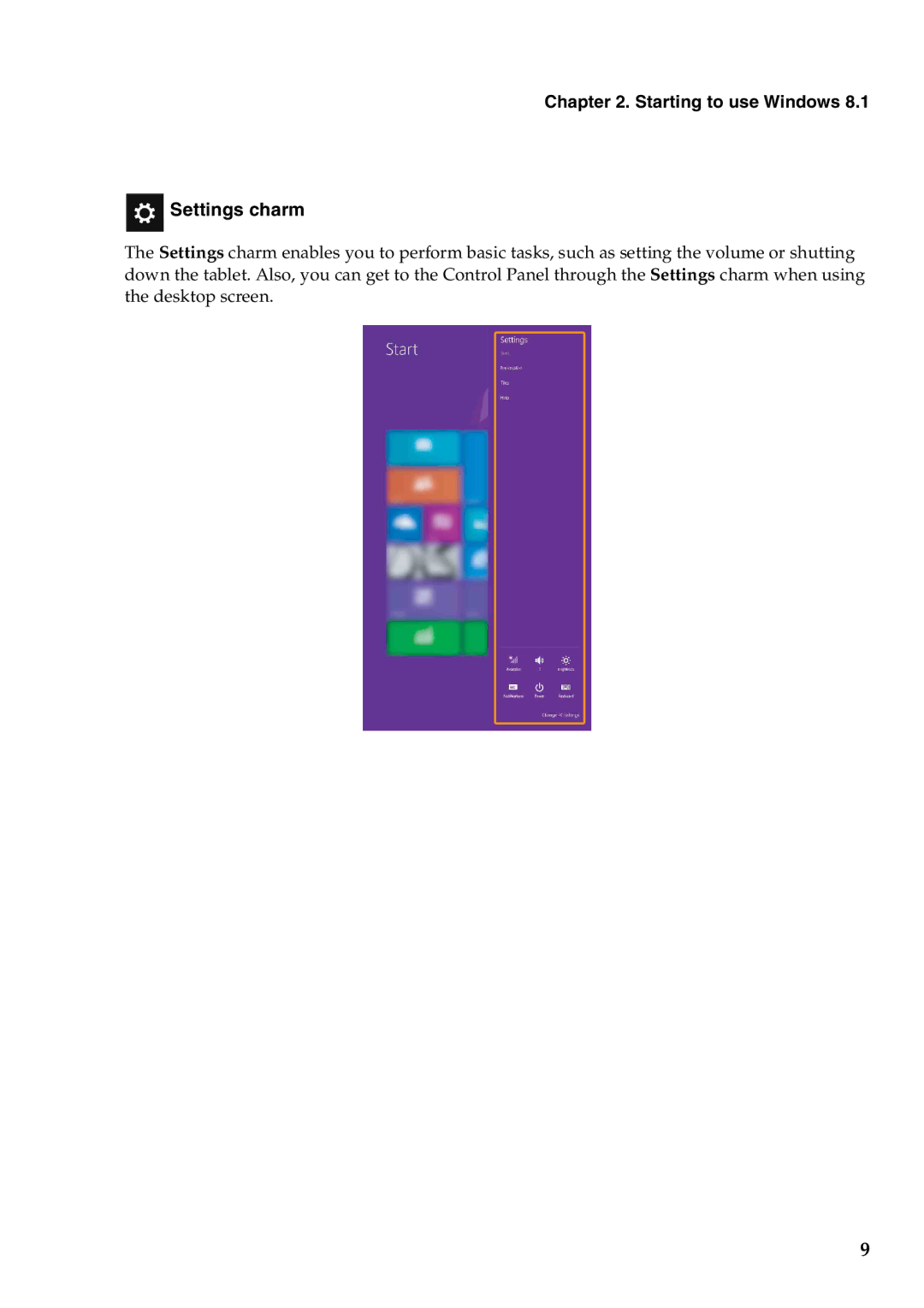 Lenovo 59393605 manual Starting to use Windows Settings charm 