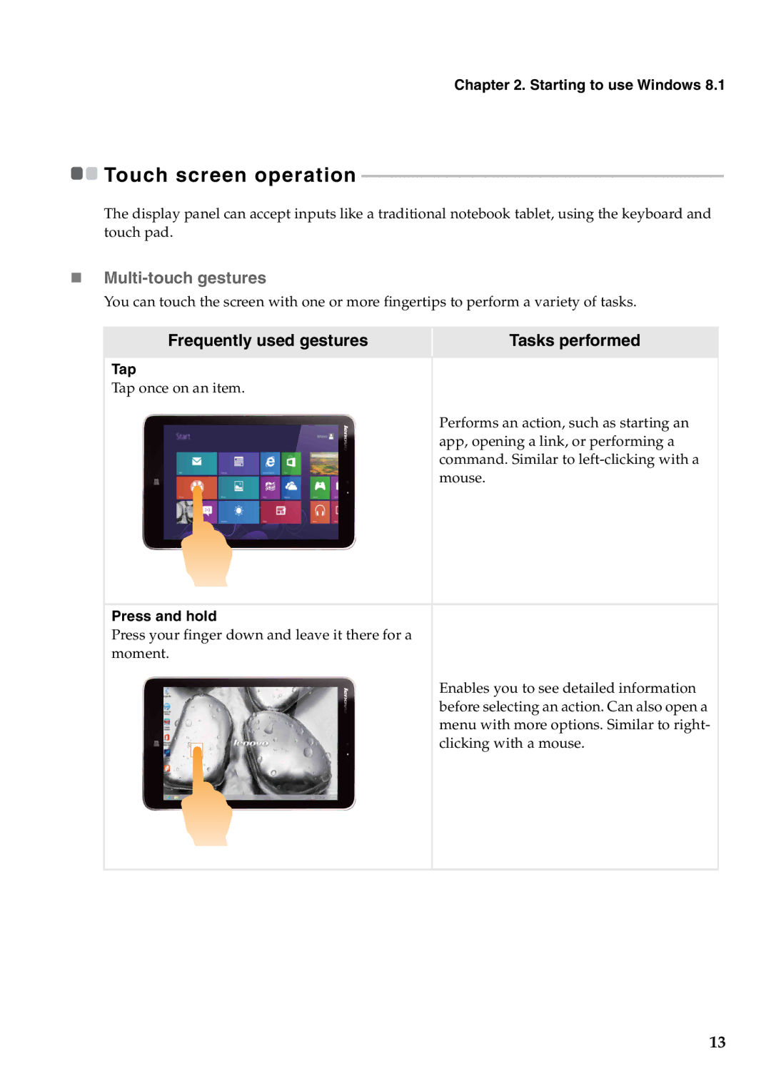 Lenovo 59393605 manual „ Multi-touch gestures, Tap, Press and hold 