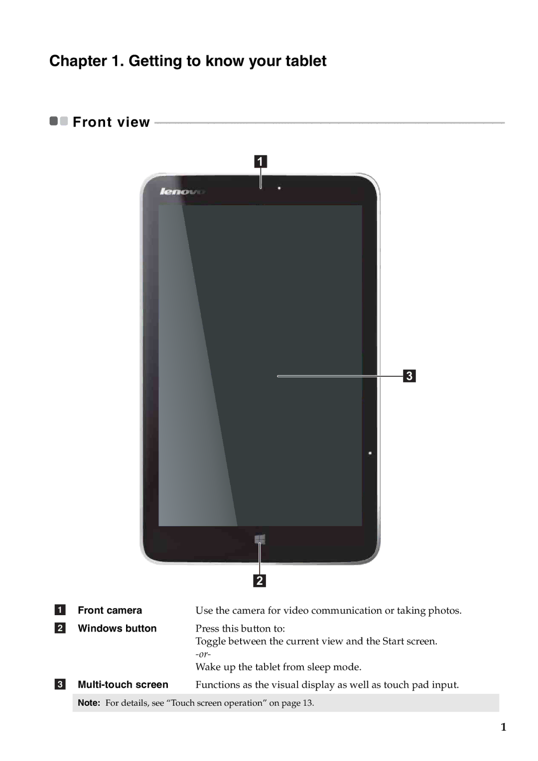 Lenovo 59393605 manual Getting to know your tablet, Front camera, Windows button 