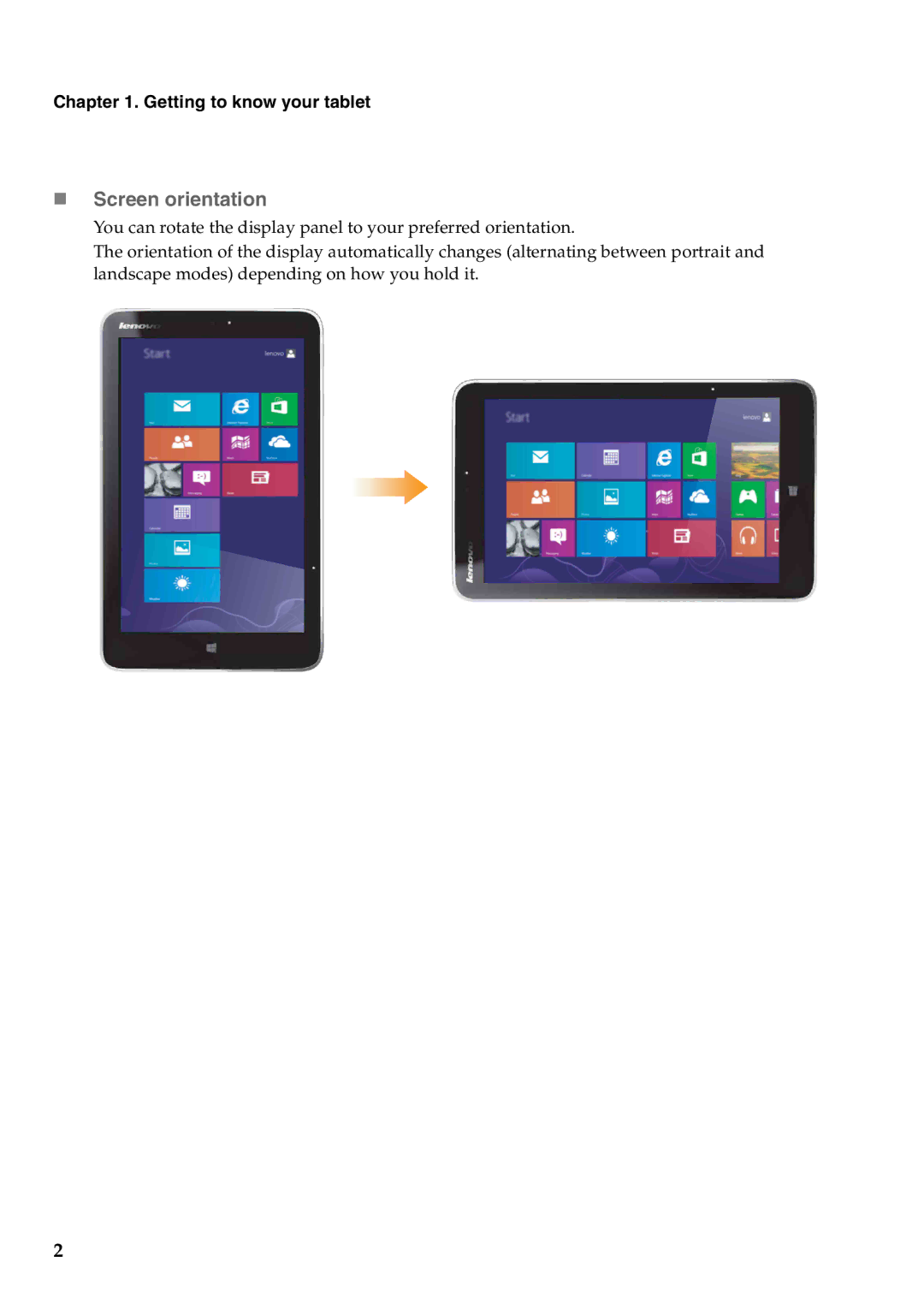 Lenovo 59393605 manual „ Screen orientation, Getting to know your tablet 