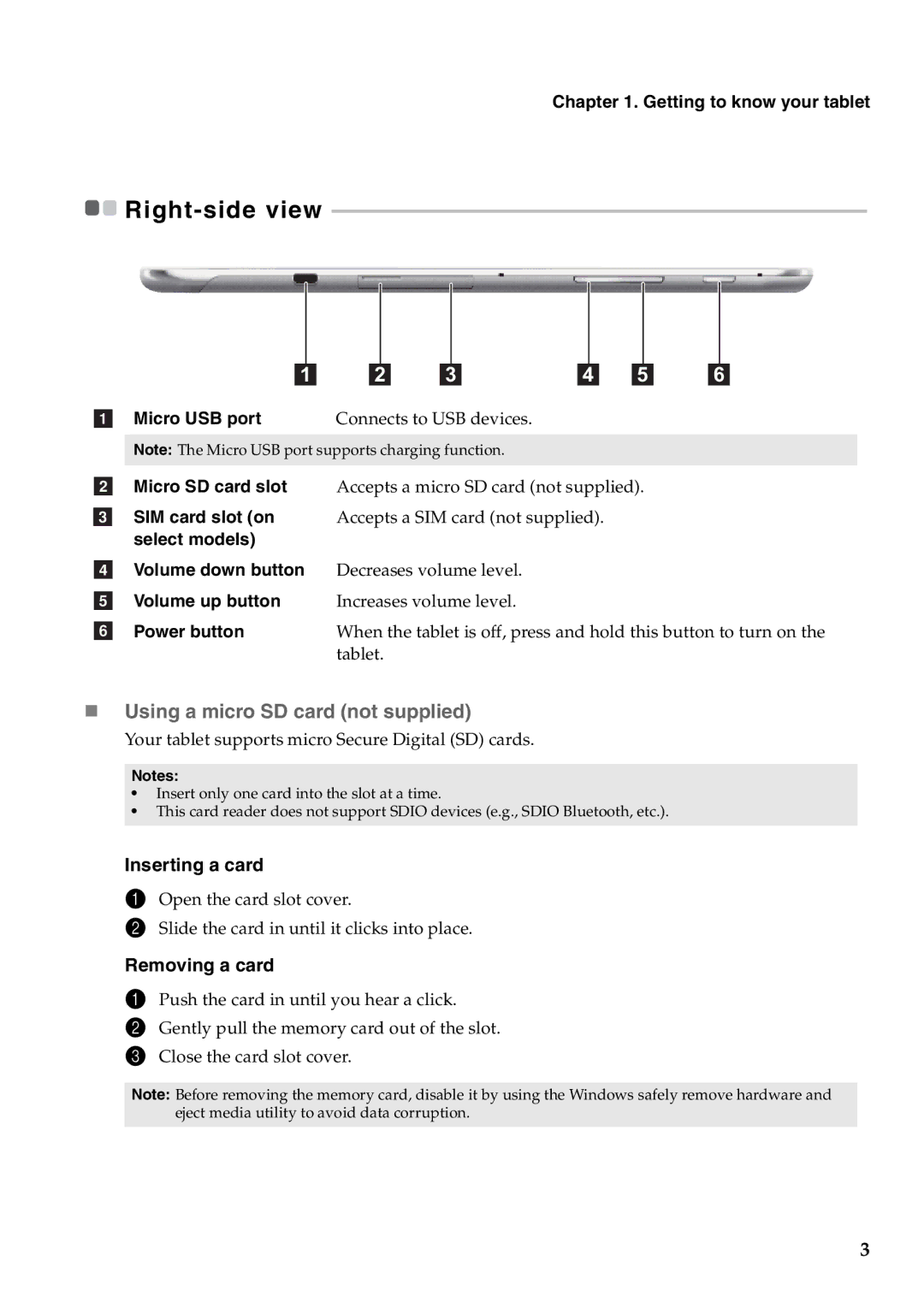 Lenovo 59393605 manual „ Using a micro SD card not supplied 