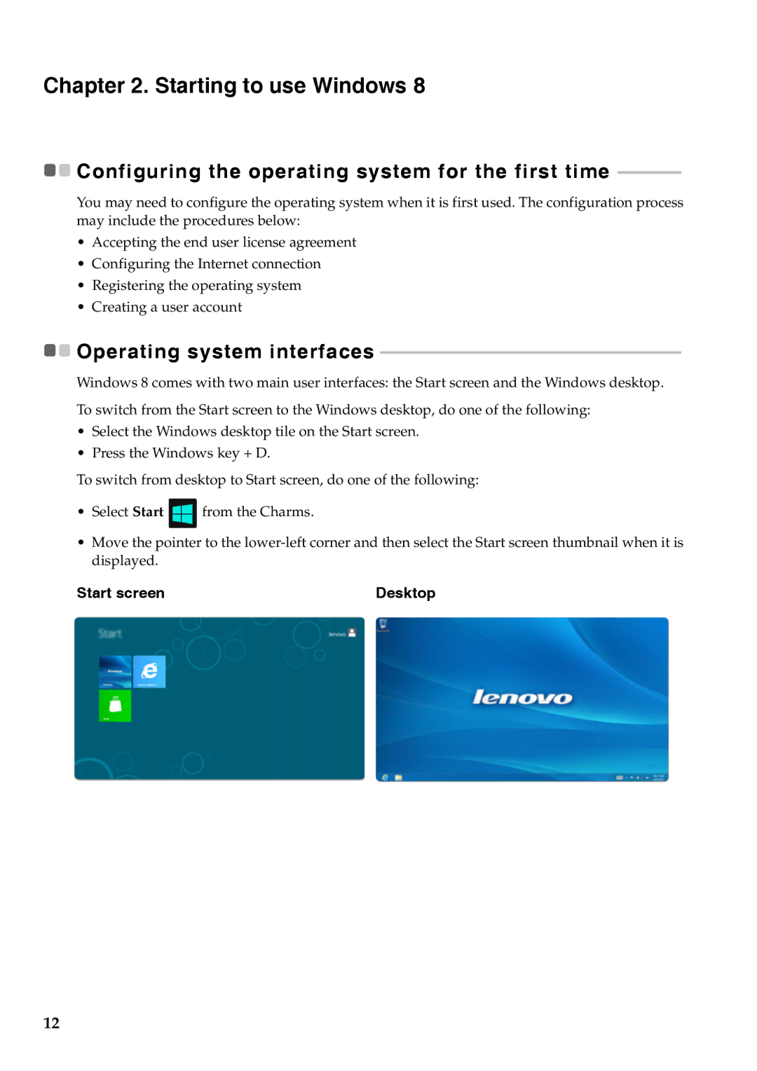 Lenovo 59RF0176 manual Starting to use Windows, Start screen Desktop 