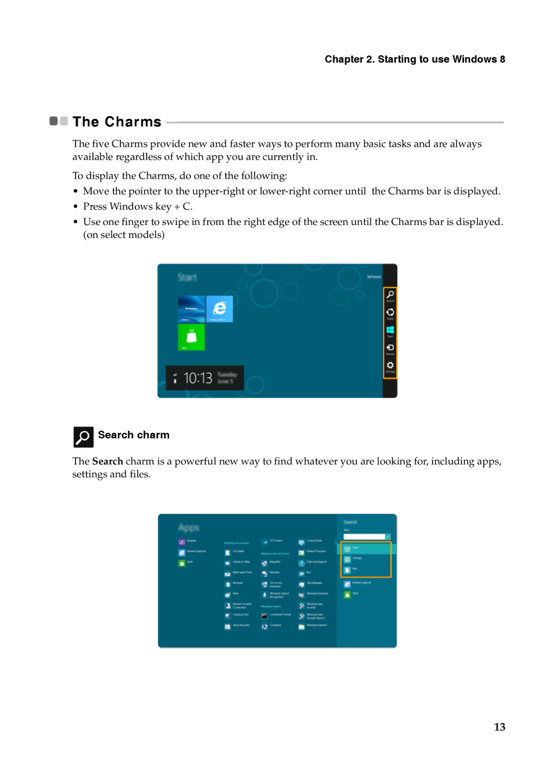 Lenovo 59RF0176 manual Starting to use Windows, Search charm 