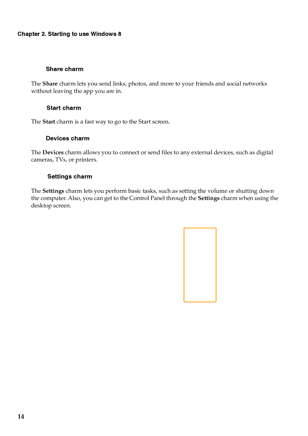 Lenovo 59RF0176 manual Starting to use Windows Share charm, Start charm, Devices charm, Settings charm 