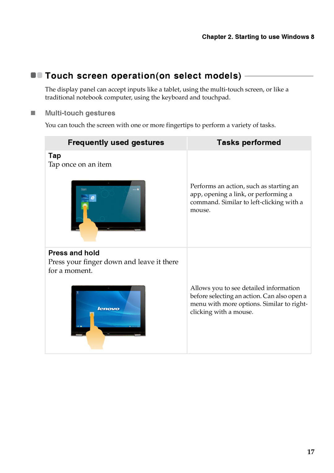 Lenovo 59RF0176 manual „ Multi-touch gestures, Tap, Press and hold 