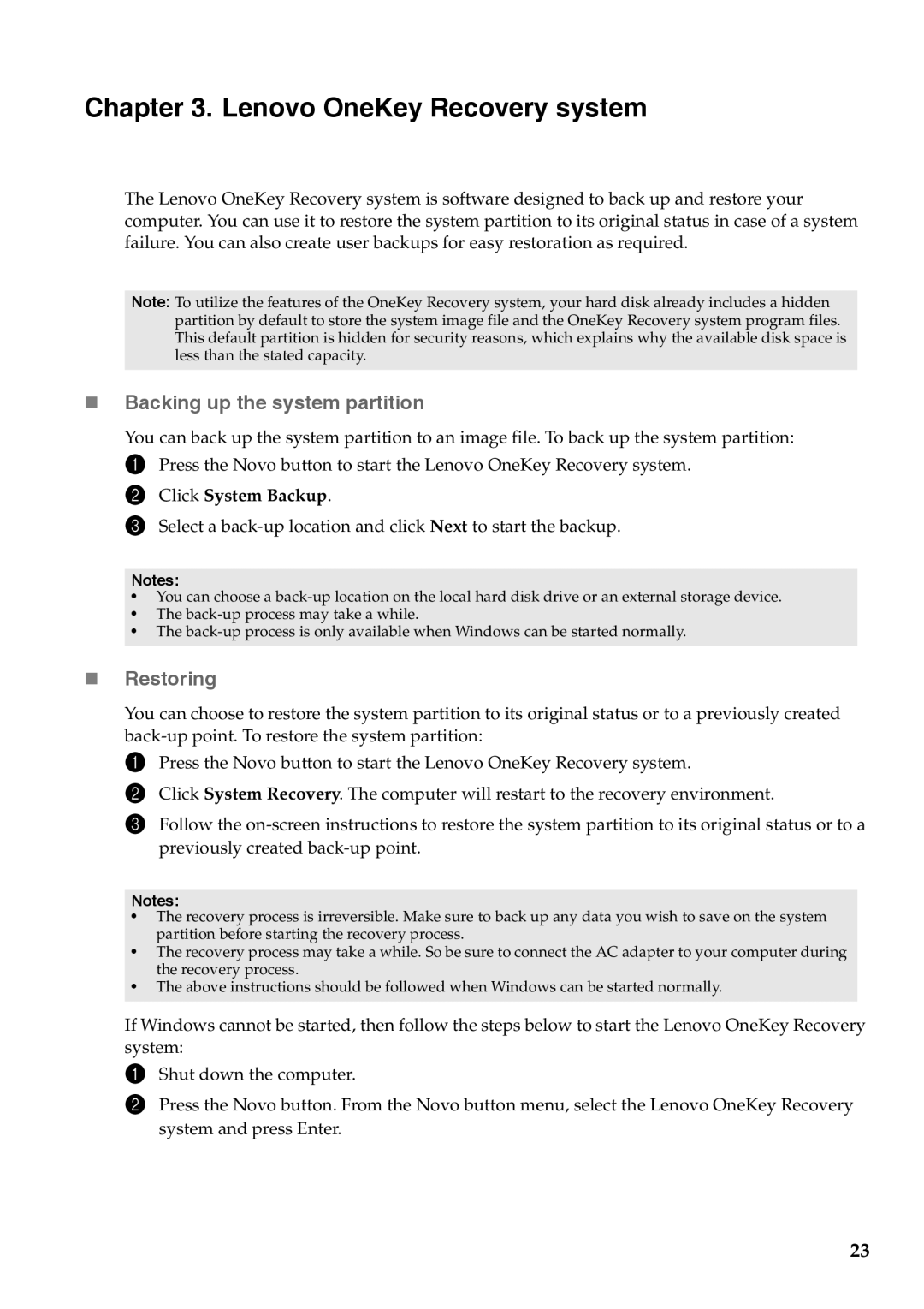 Lenovo 59RF0176 manual Lenovo OneKey Recovery system, „ Backing up the system partition, „ Restoring 