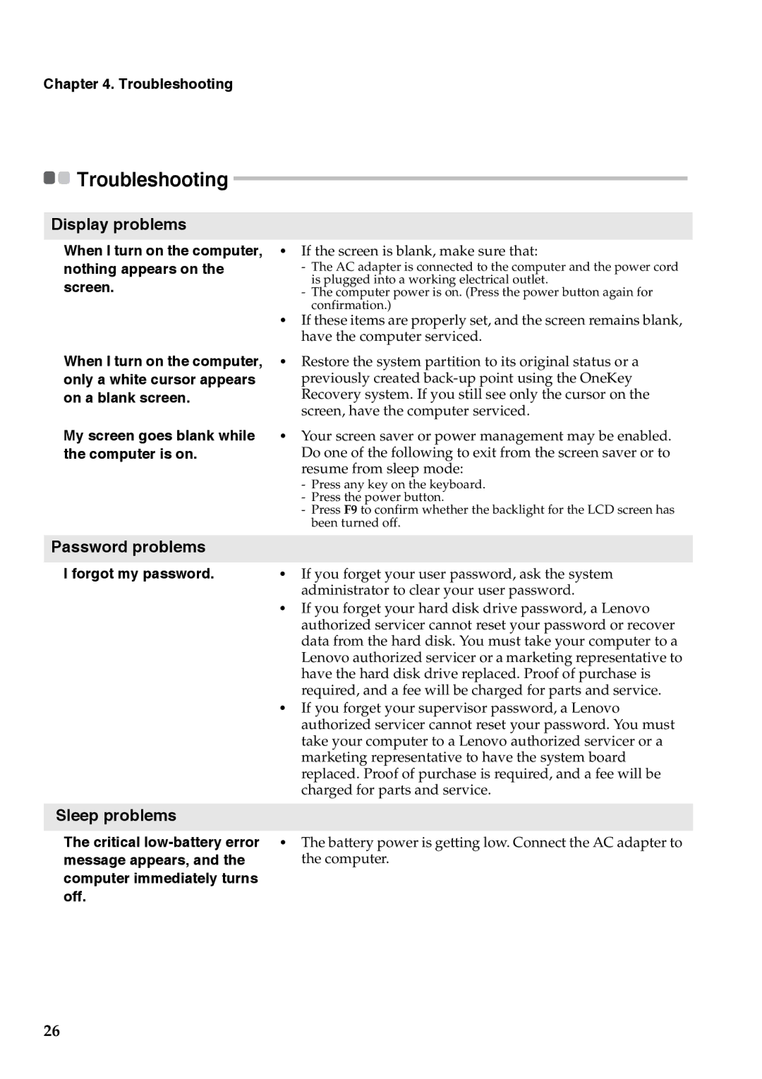 Lenovo 59RF0176 manual Display problems, Password problems, Sleep problems 