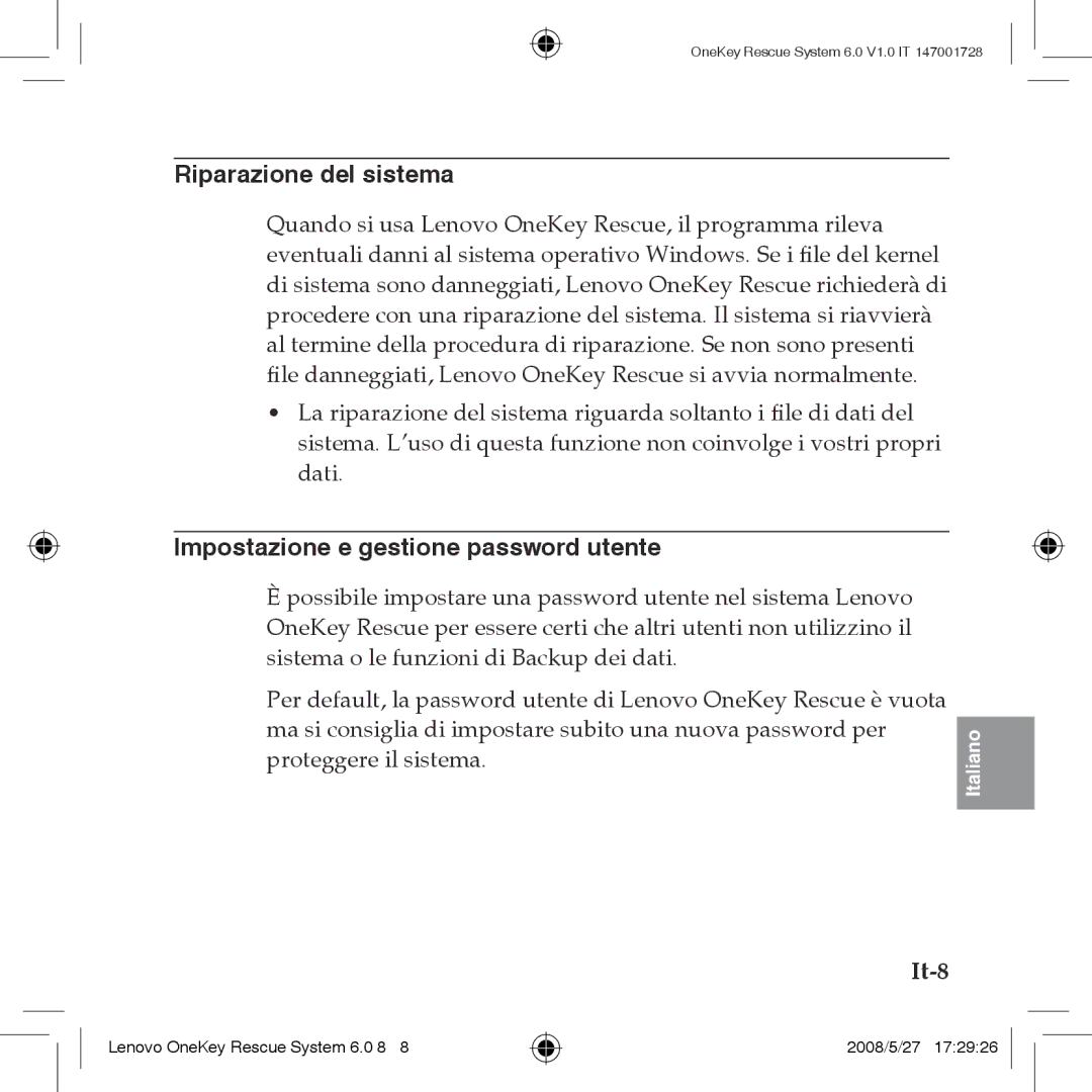 Lenovo 6.0 manual Riparazione del sistema, Impostazione e gestione password utente 