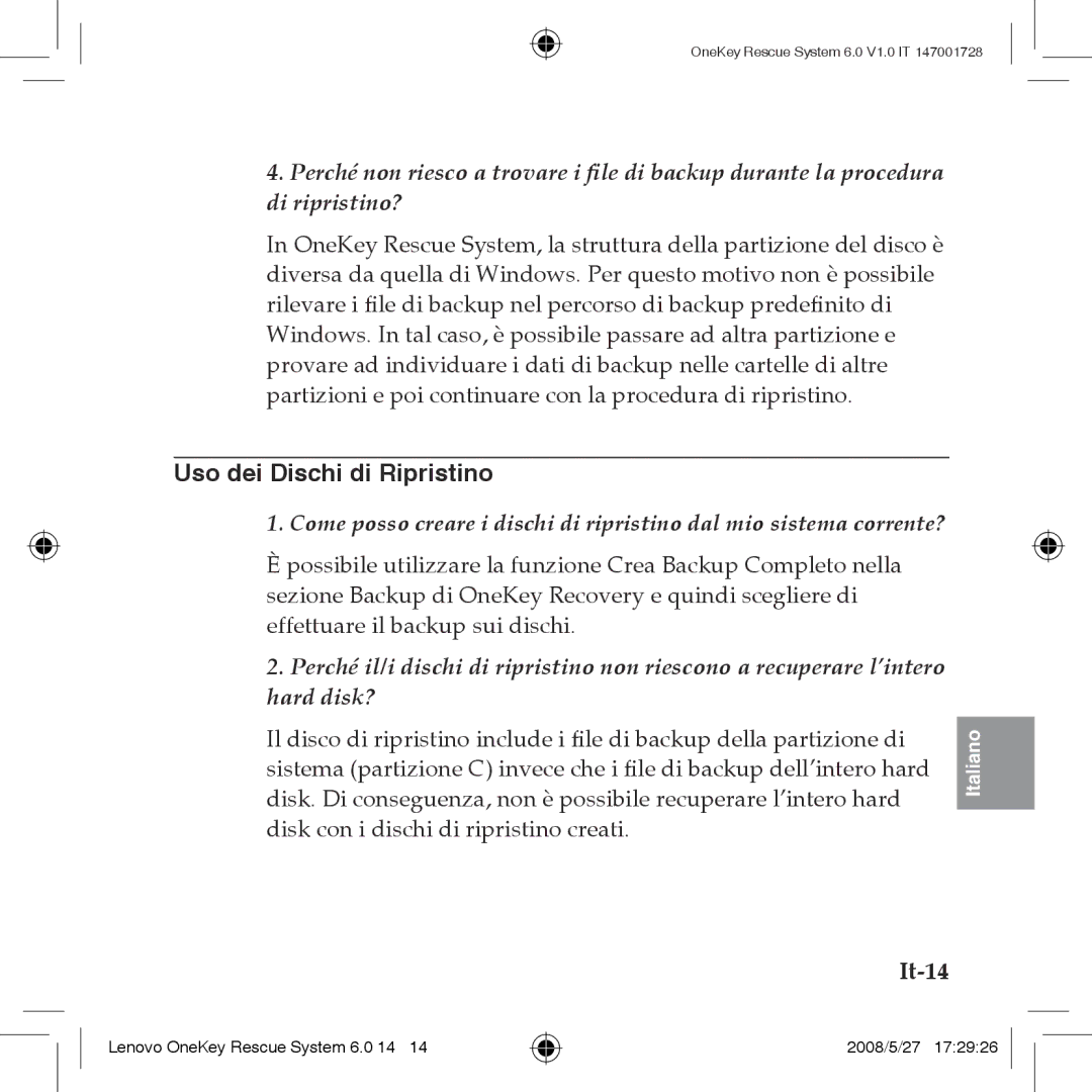 Lenovo 6.0 manual Uso dei Dischi di Ripristino, It-14 