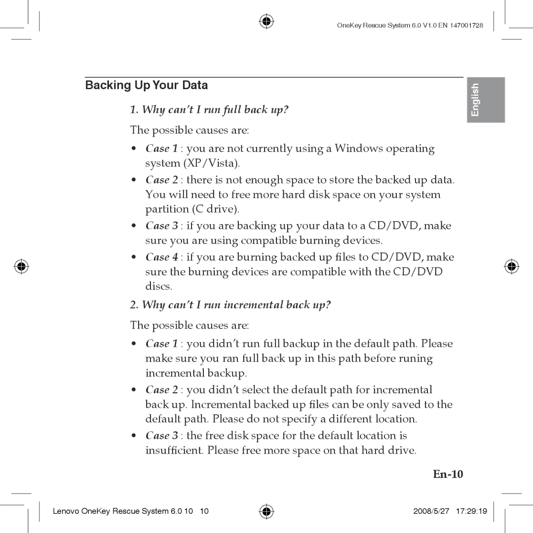Lenovo 6.0 manual Backing Up Your Data, En-10, Why can’t I run full back up? The possible causes are 