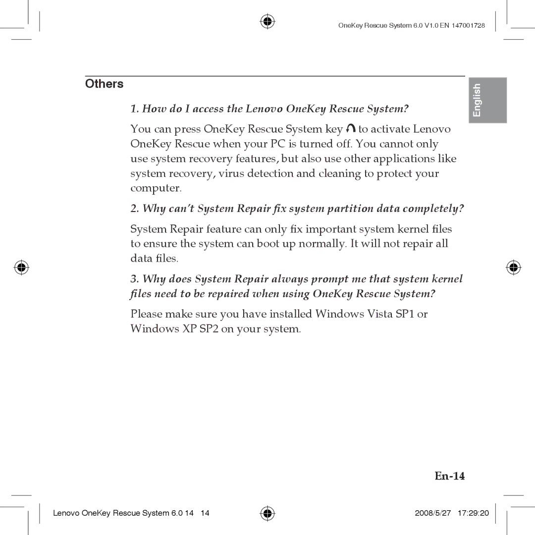 Lenovo 6.0 manual Others, En-14, How do I access the Lenovo OneKey Rescue System? 