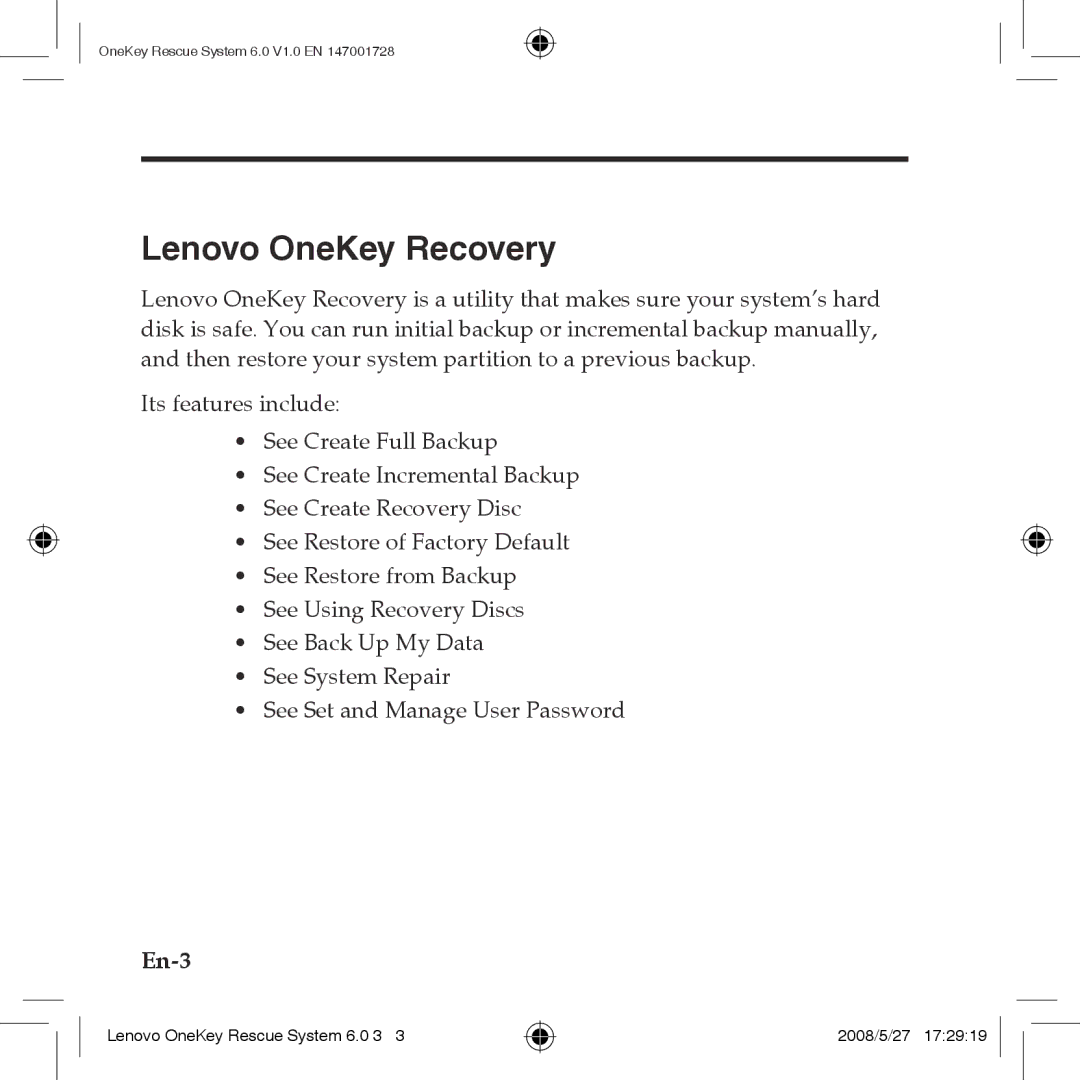 Lenovo 6.0 manual Lenovo OneKey Recovery 