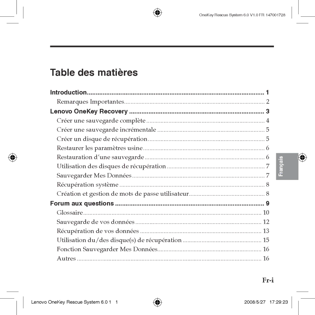 Lenovo 6.0 manual Table des matières, Fr- 