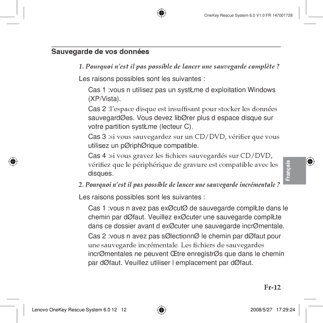 Lenovo 6.0 manual Sauvegarde de vos données, Fr-12 