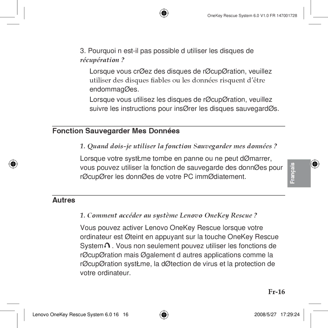 Lenovo 6.0 manual Fonction Sauvegarder Mes Données, Autres, Fr-16, Comment accéder au système Lenovo OneKey Rescue ? 