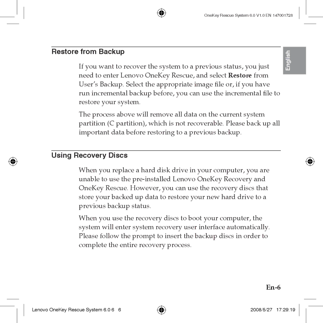Lenovo 6.0 manual Restore from Backup, Using Recovery Discs 