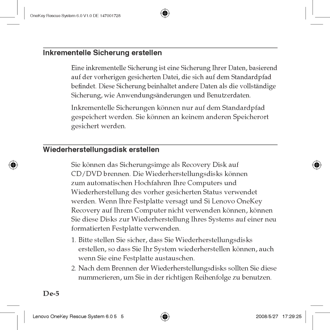 Lenovo 6.0 manual Inkrementelle Sicherung erstellen, Wiederherstellungsdisk erstellen 