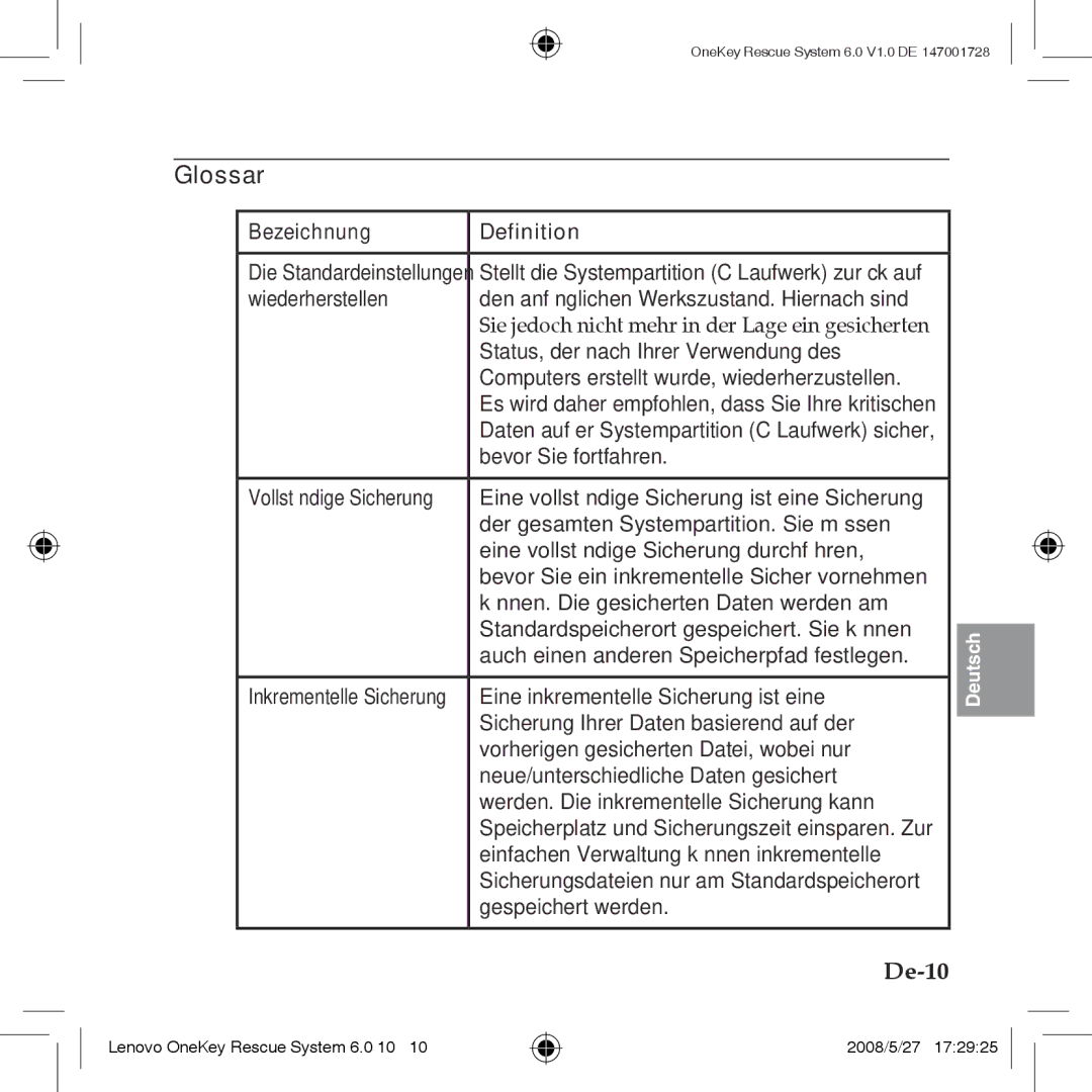 Lenovo 6.0 manual Glossar, De-10 