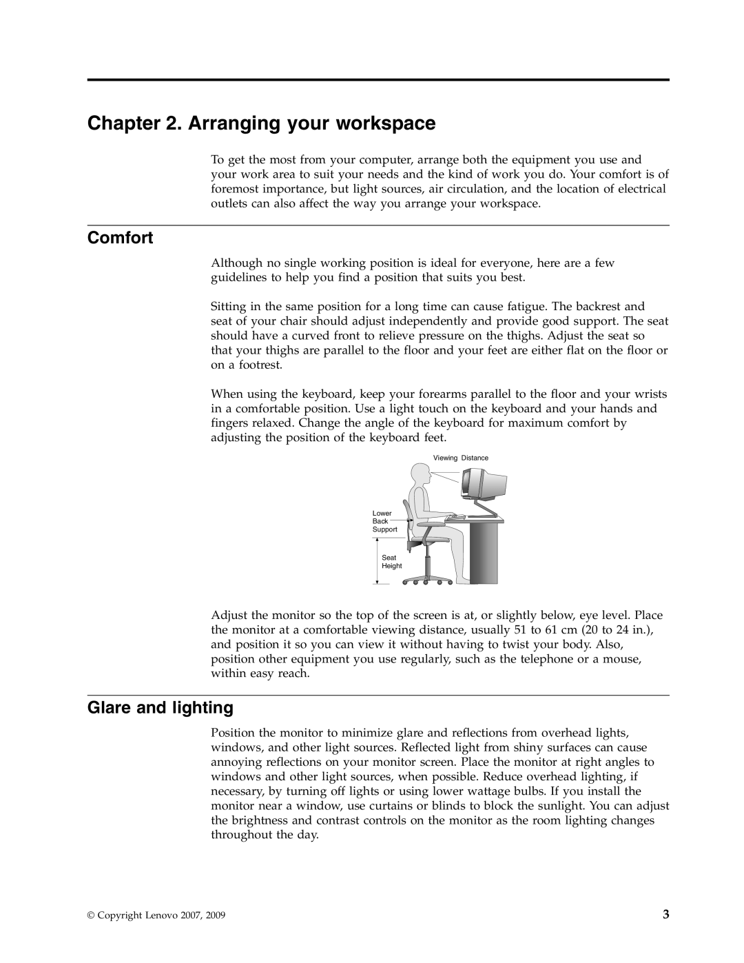 Lenovo 6019 manual Arranging your workspace, Comfort, Glare and lighting 