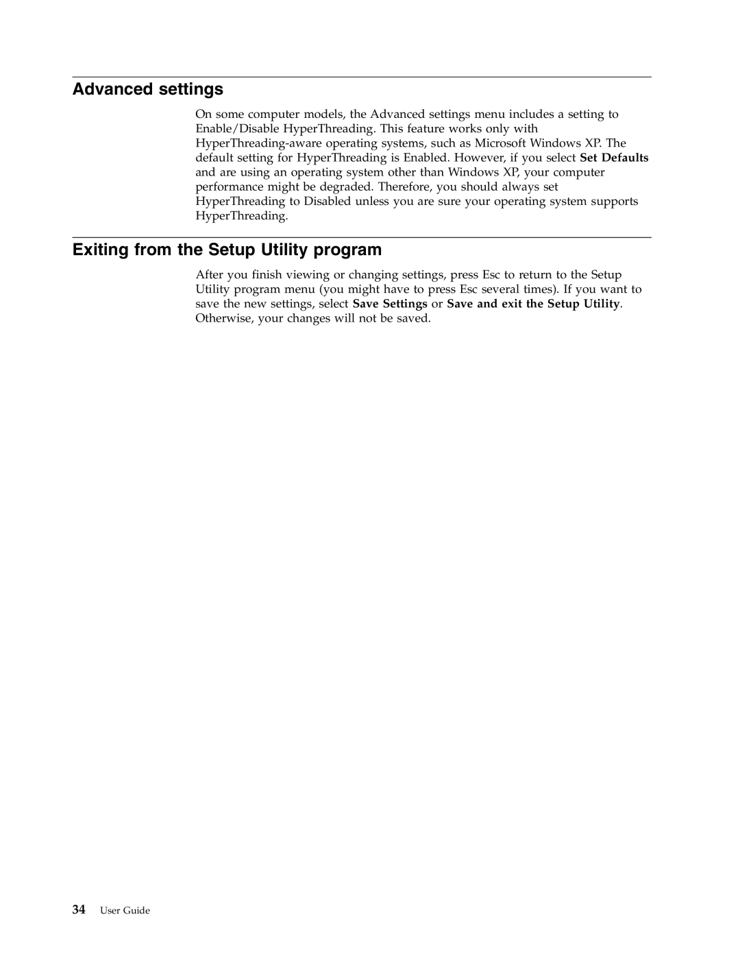 Lenovo 6019 manual Advanced settings, Exiting from the Setup Utility program, 34User Guide 