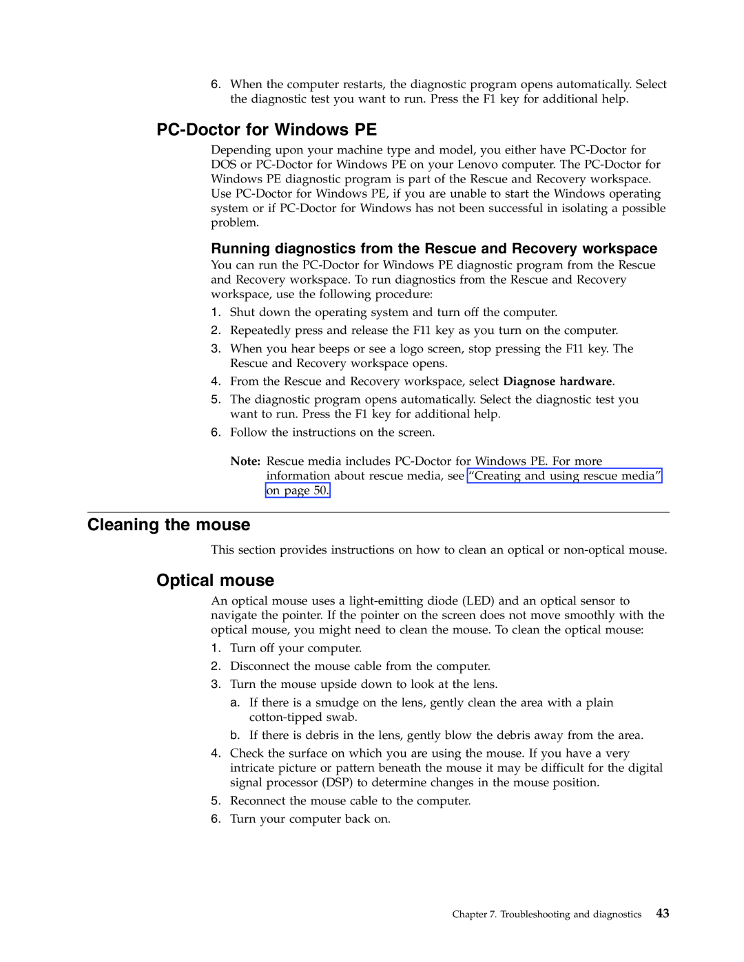 Lenovo 6019 manual PC-Doctorfor Windows PE, Cleaning the mouse, Optical mouse 