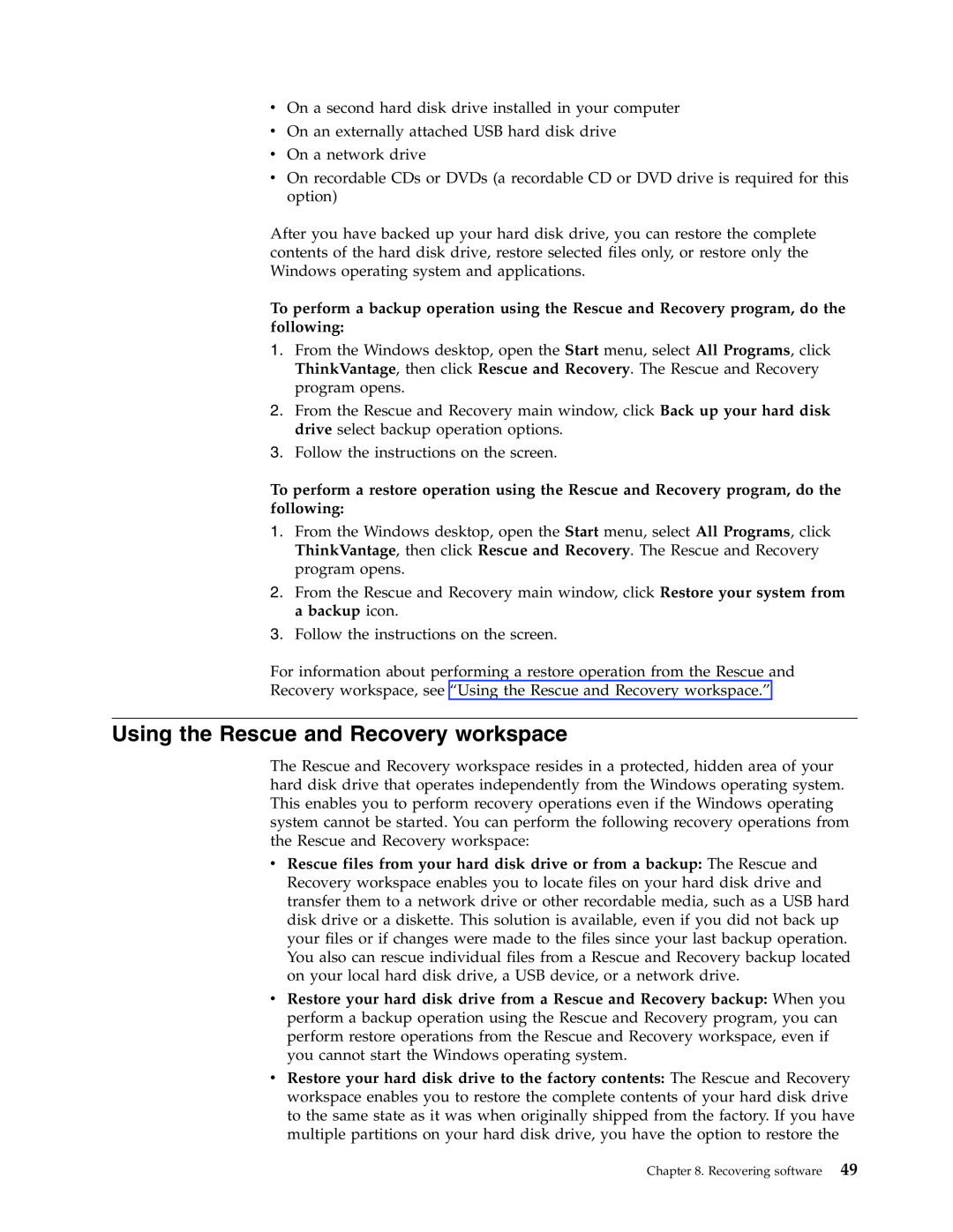 Lenovo 6019 manual Using the Rescue and Recovery workspace 