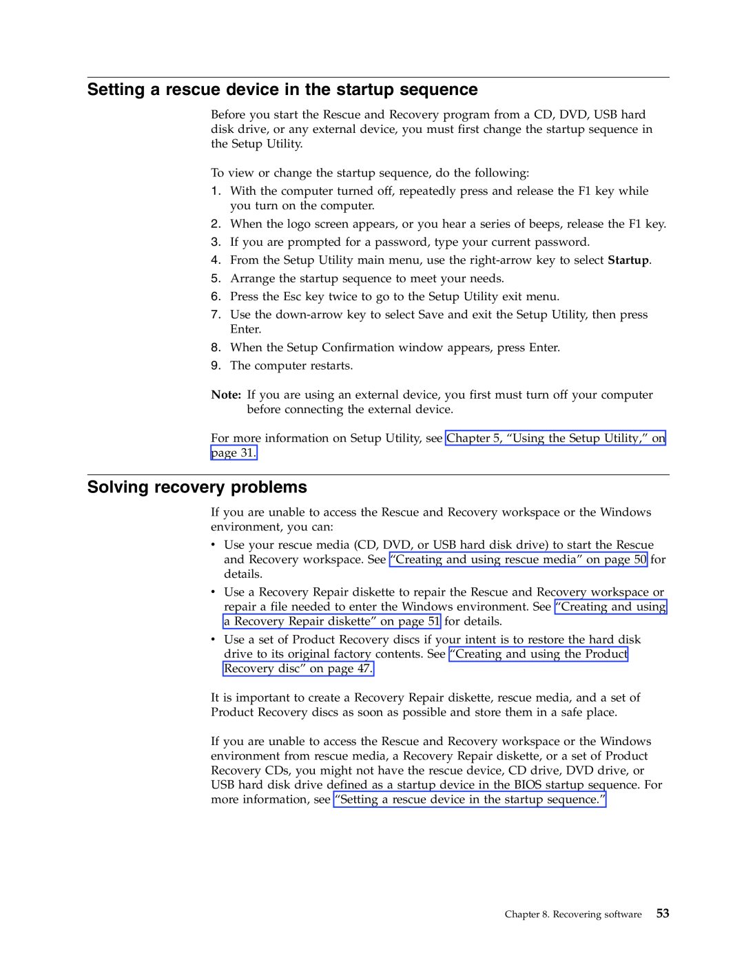 Lenovo 6019 manual Setting a rescue device in the startup sequence, Solving recovery problems 