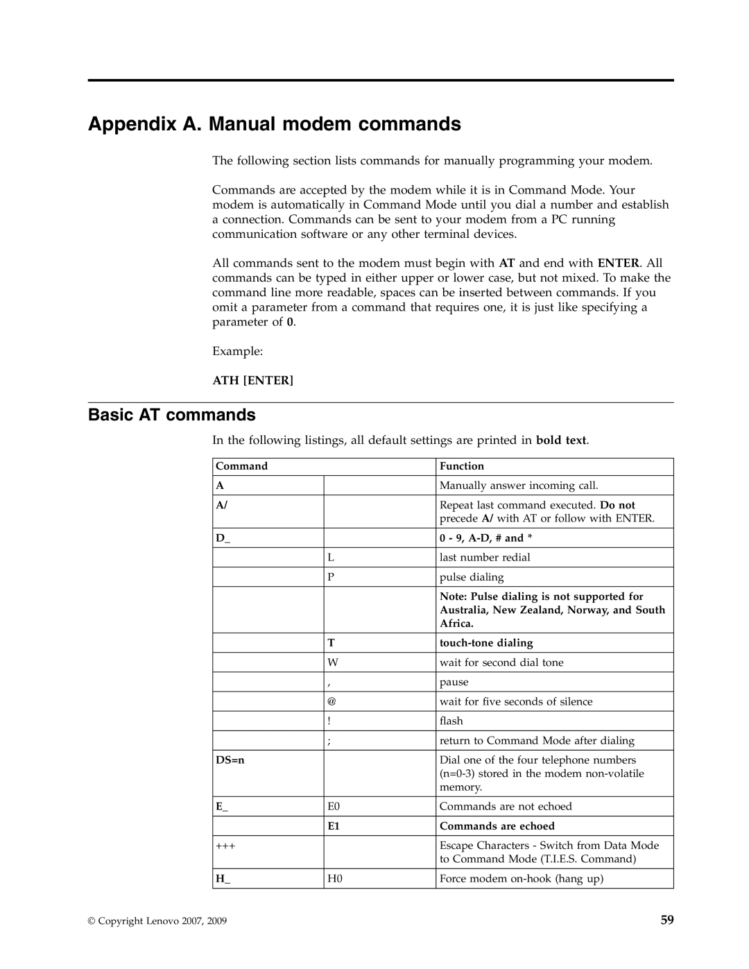 Lenovo 6019 manual Appendix A. Manual modem commands, Basic AT commands, Ath Enter 