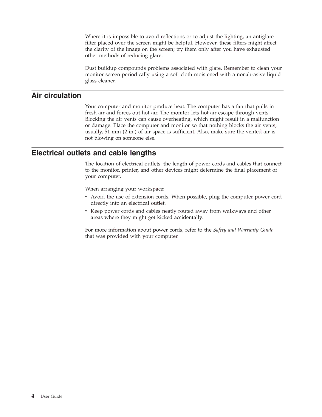 Lenovo 6019 manual Air circulation, Electrical outlets and cable lengths 