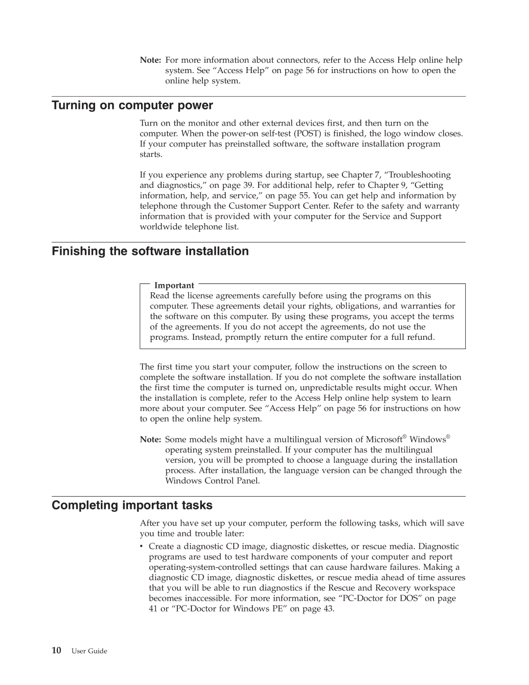 Lenovo 6019 manual Turning on computer power, Finishing the software installation, Completing important tasks 