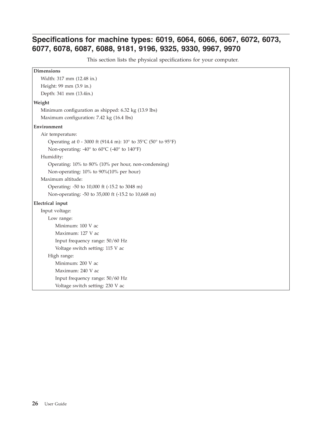 Lenovo 6019 manual Width 317 mm 12.48 Height 99 mm 3.9 Depth 341 mm 13.4in 