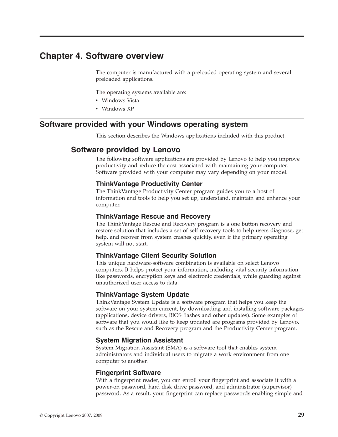 Lenovo 6019 manual Software overview, Software provided with your Windows operating system, Software provided by Lenovo 