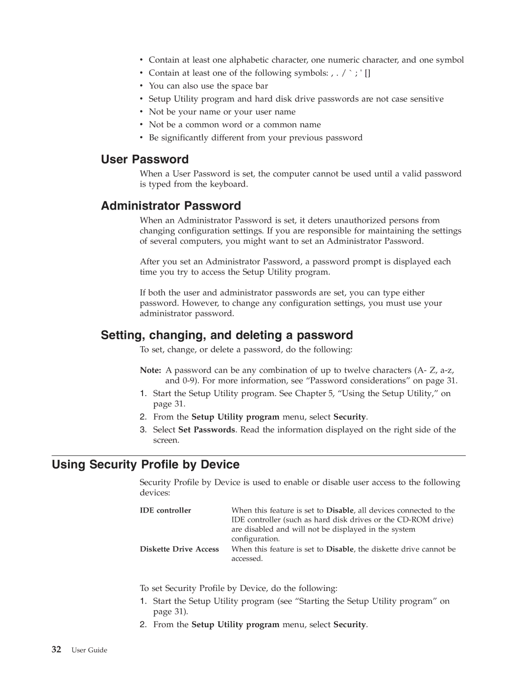 Lenovo 6019 manual User Password, Administrator Password, Setting, changing, and deleting a password 