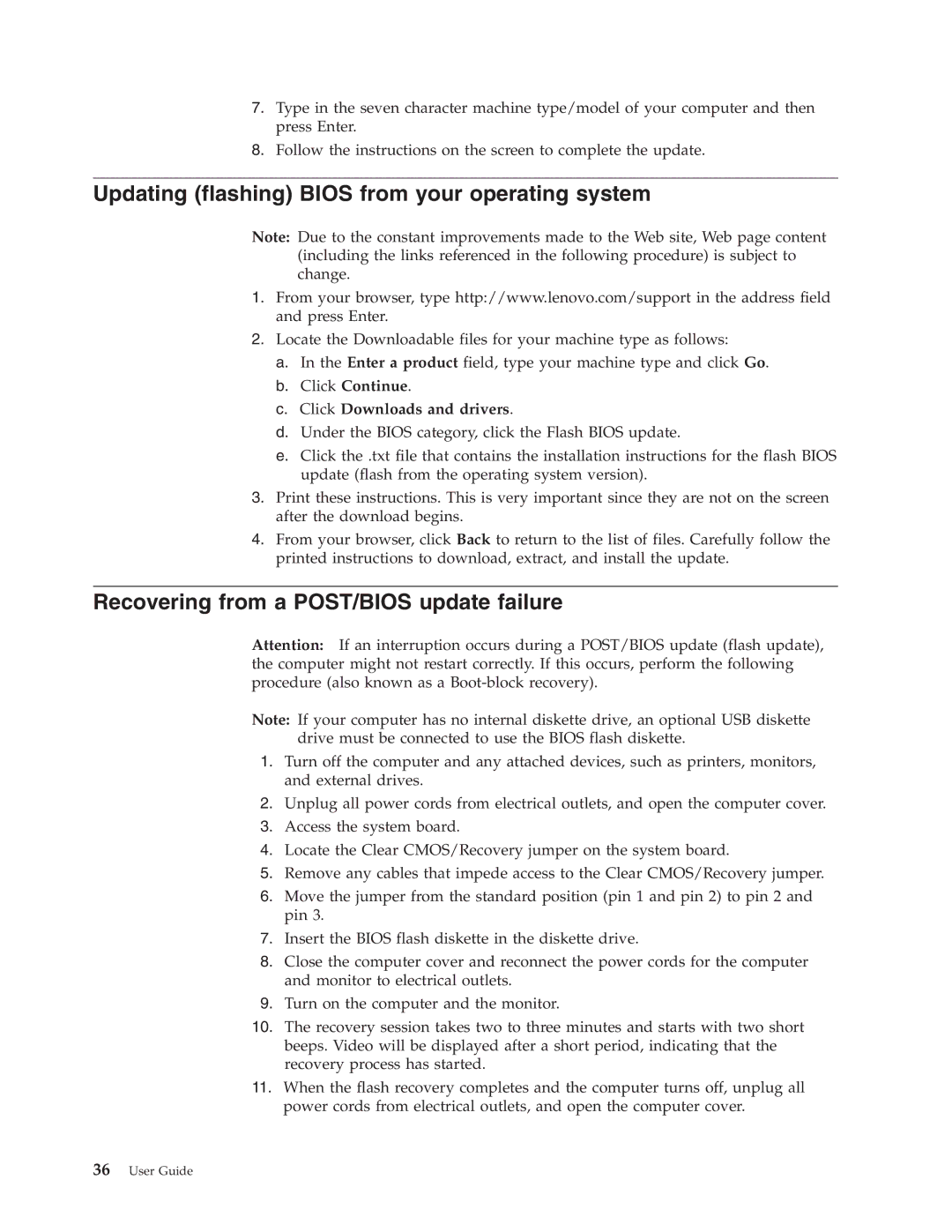 Lenovo 6019 manual Updating flashing Bios from your operating system, Recovering from a POST/BIOS update failure 