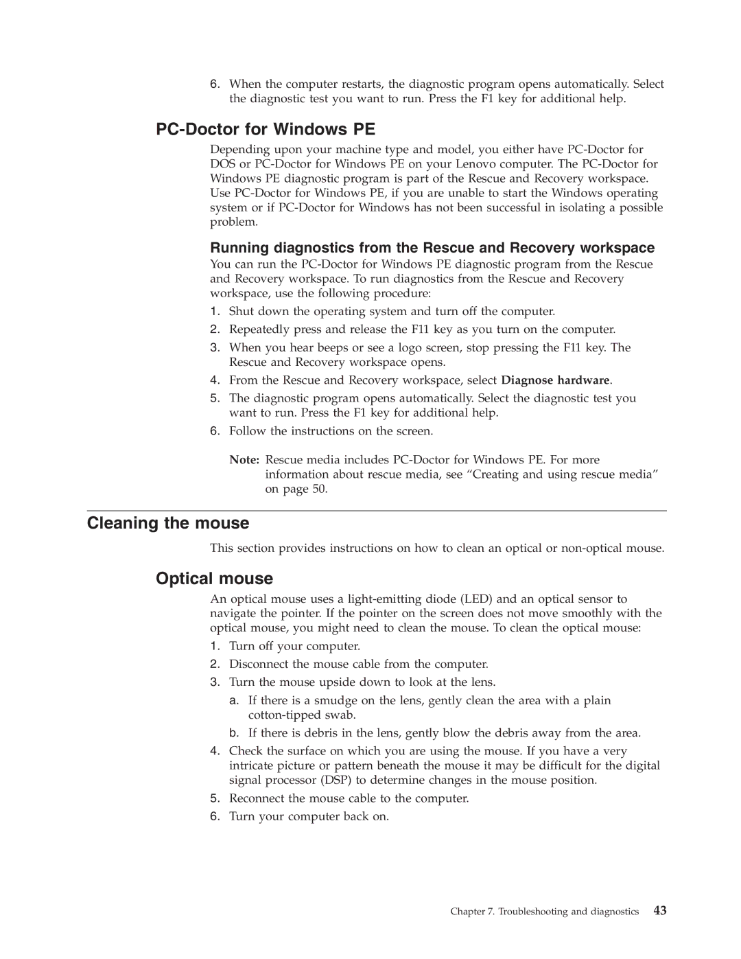 Lenovo 6019 manual PC-Doctor for Windows PE, Cleaning the mouse, Optical mouse 