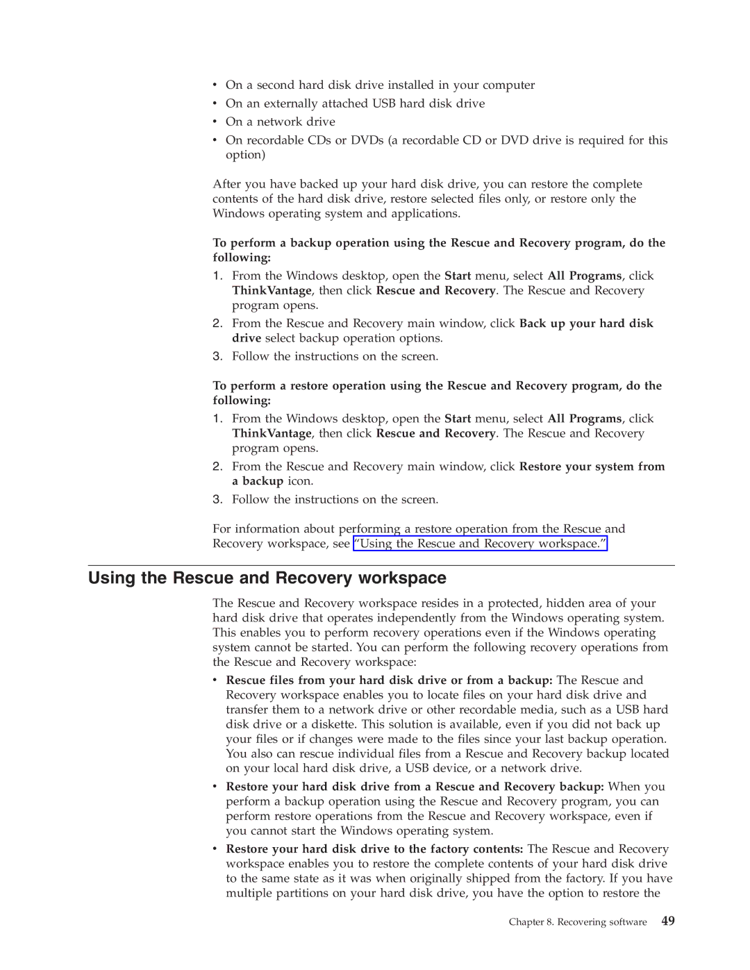 Lenovo 6019 manual Using the Rescue and Recovery workspace 