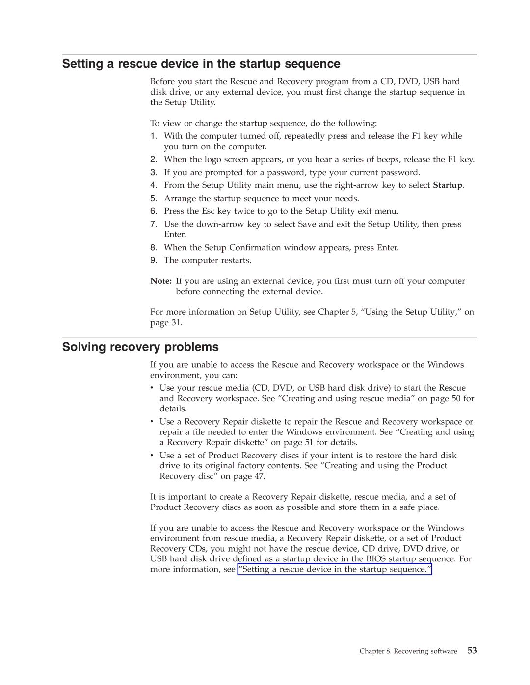 Lenovo 6019 manual Setting a rescue device in the startup sequence, Solving recovery problems 