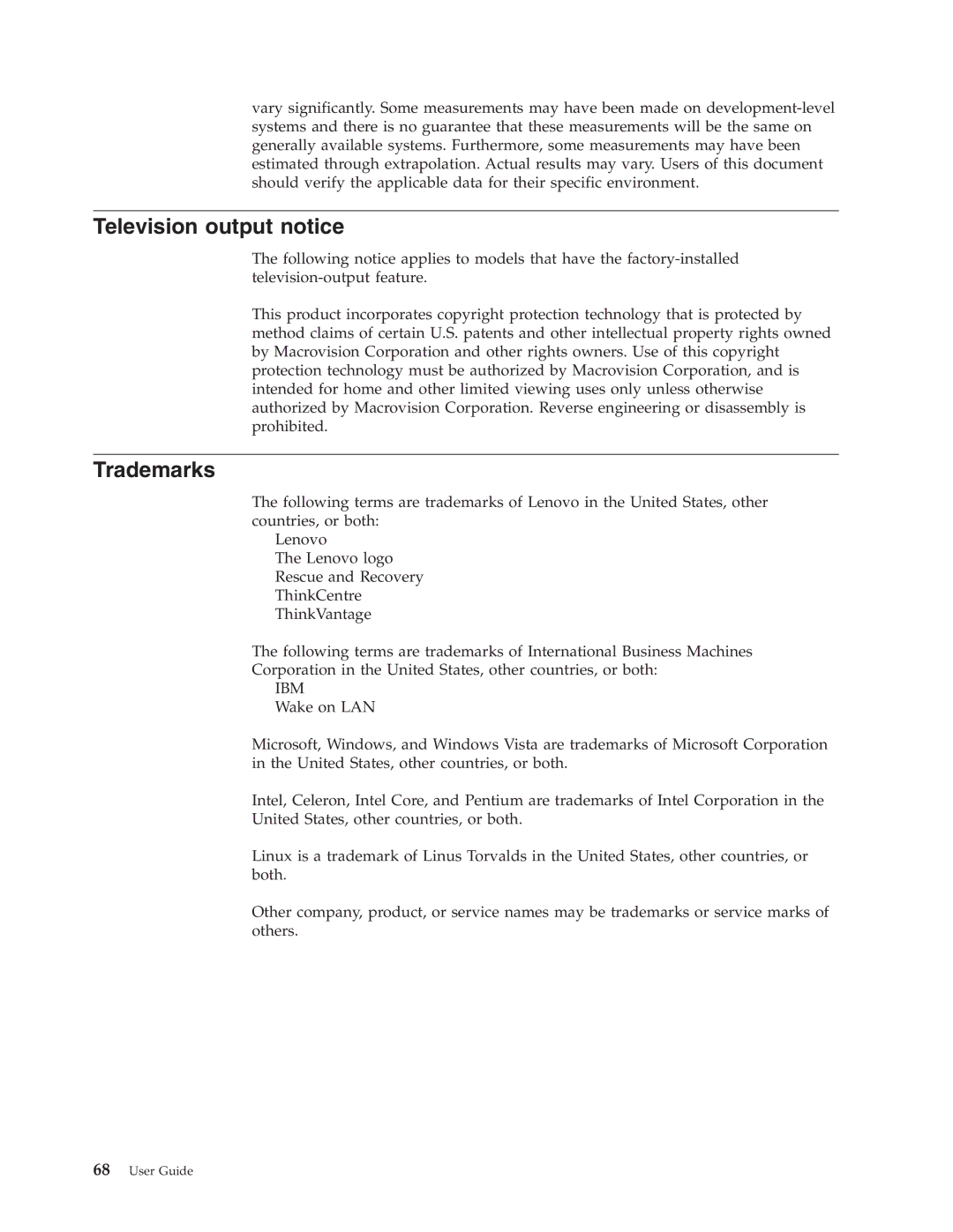 Lenovo 6019 manual Television output notice, Trademarks 