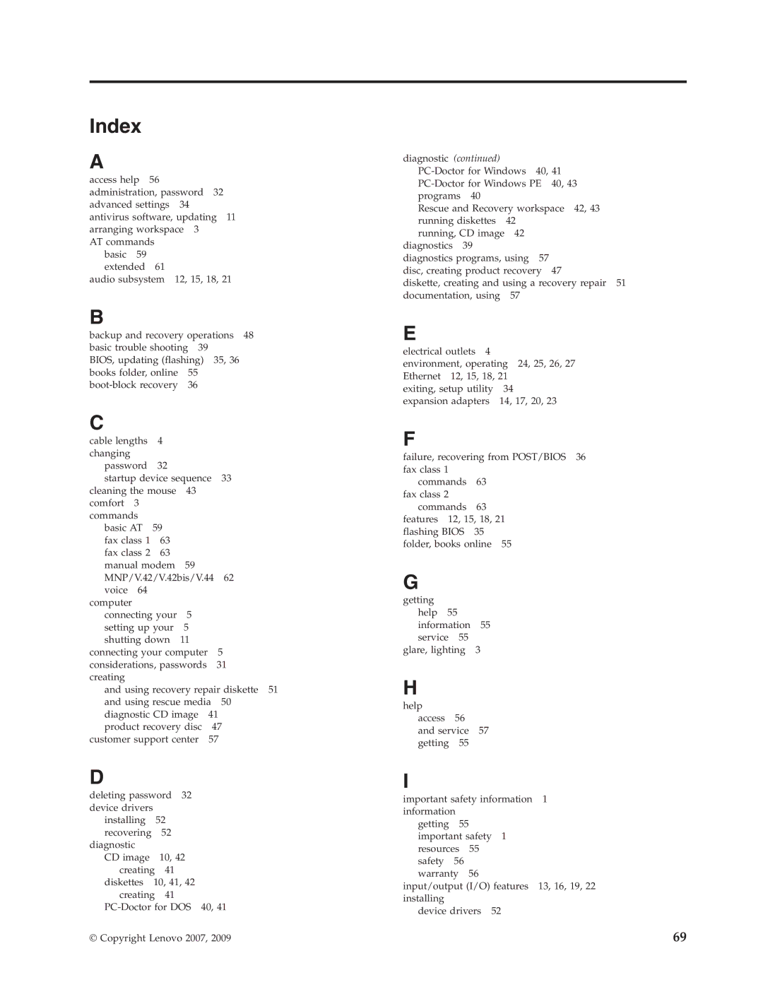 Lenovo 6019 manual Index 