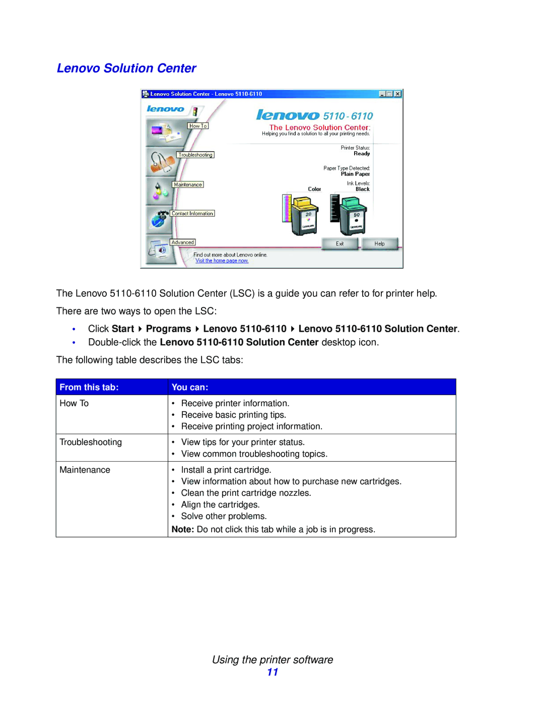 Lenovo 5110, 6110 manual Lenovo Solution Center, Following table describes the LSC tabs 