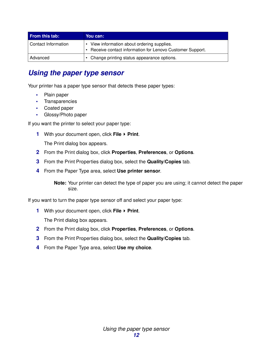 Lenovo 6110, 5110 manual Using the paper type sensor 