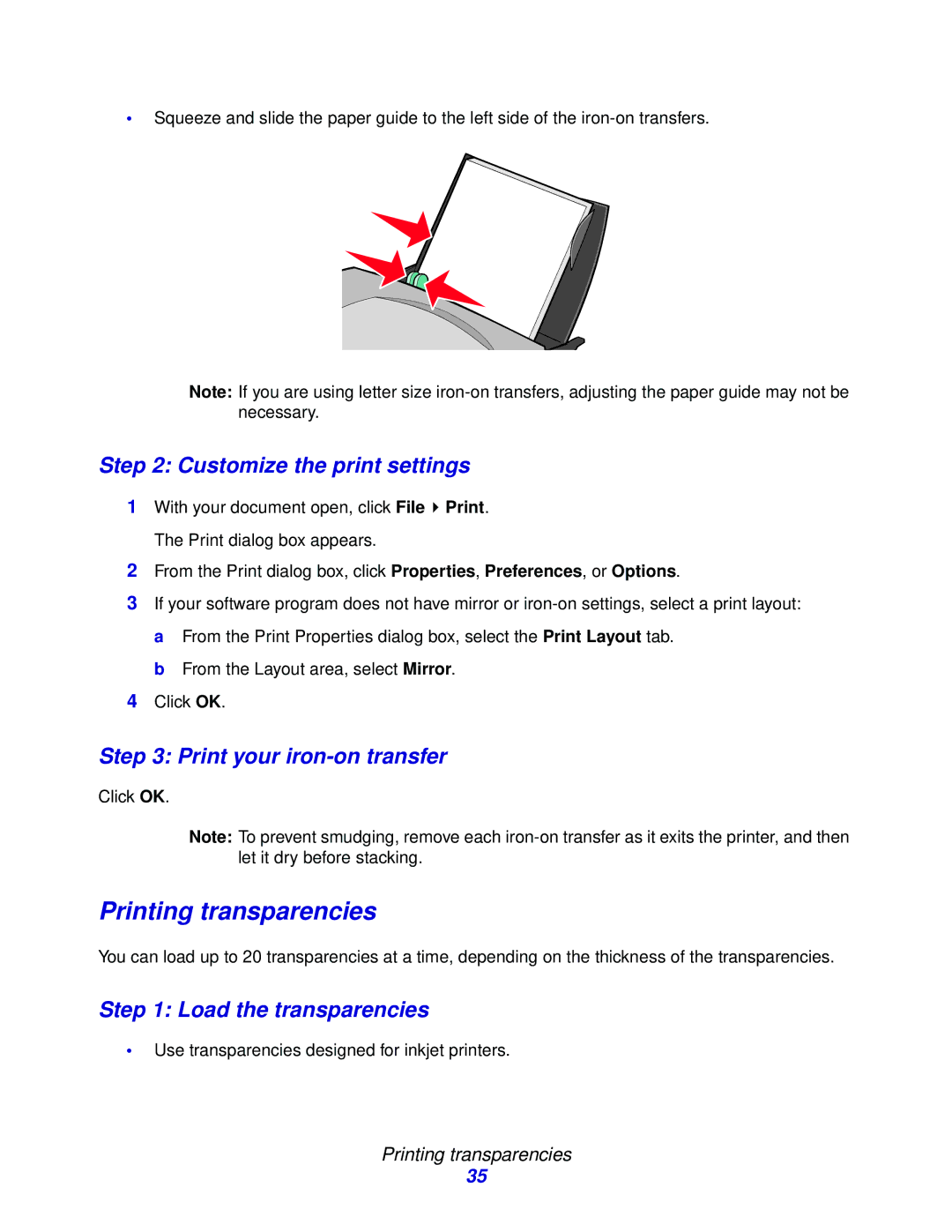 Lenovo 5110, 6110 manual Printing transparencies, Print your iron-on transfer, Load the transparencies 