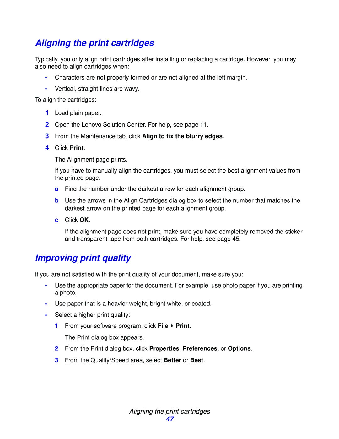 Lenovo 5110, 6110 manual Aligning the print cartridges, Improving print quality 
