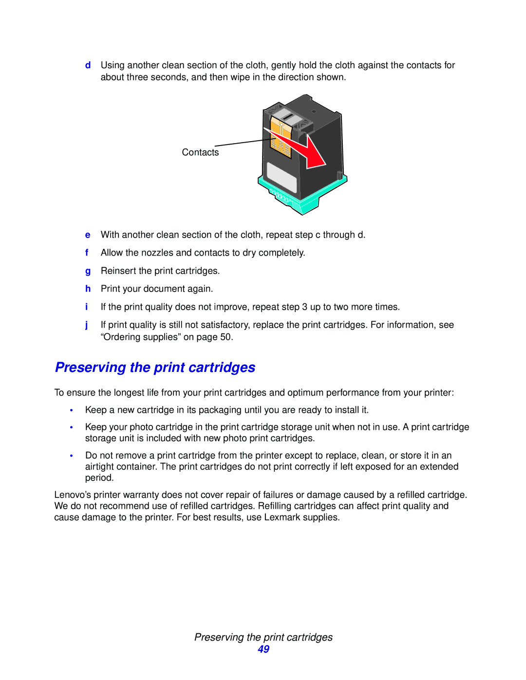 Lenovo 5110, 6110 manual Preserving the print cartridges 