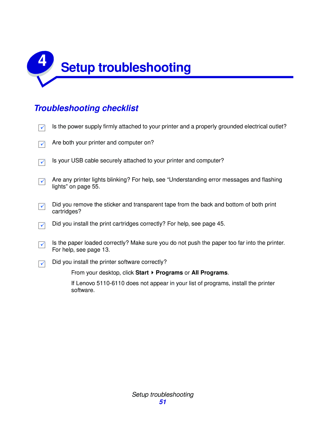 Lenovo 5110, 6110 manual Troubleshooting checklist, Setup troubleshooting 